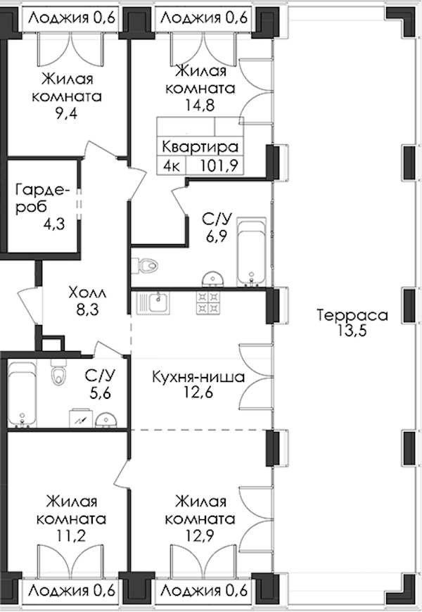 3-комнатная квартира 101.9 м², 9/9 эт., ЖК «Лермонтовский 54»
